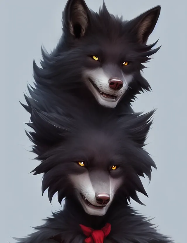 Image similar to character concept art of a black anthropomorphic male furry wolf long red hair | | cute - fine - face, pretty face, key visual, realistic shaded perfect face, fine details by stanley artgerm lau, wlop, rossdraws, james jean, andrei riabovitchev, marc simonetti, and sakimichan, trending on artstation