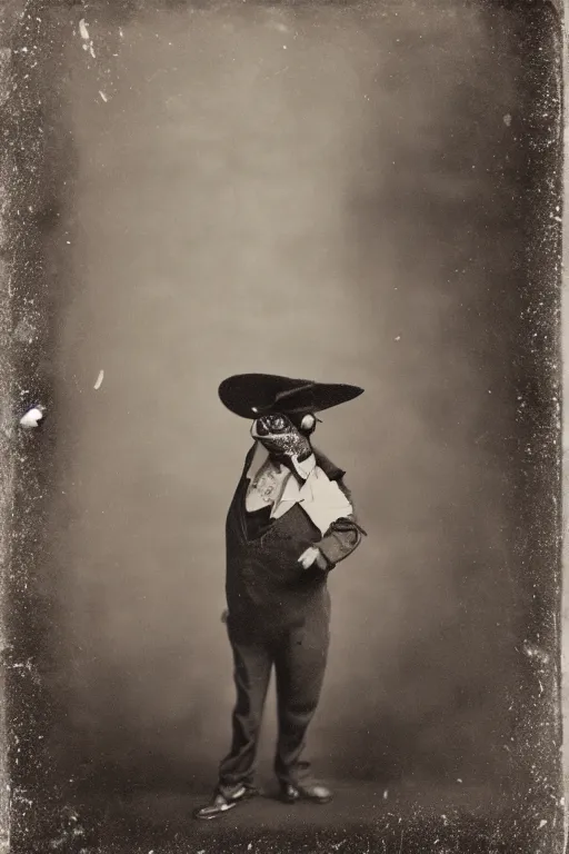 Prompt: a wet plate photo of an anthropomorphic sing and dancing vaudeville frog, porkpie hat