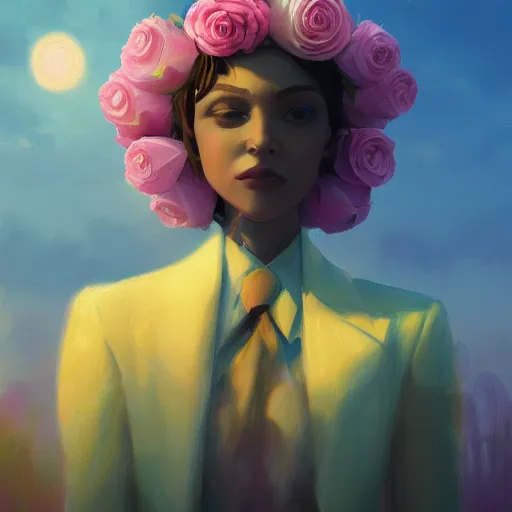 Prompt: closeup, giant rose flower under head, frontal, girl in a suit, surreal photography, sunrise, dramatic light, impressionist painting, digital painting, artstation, simon stalenhag