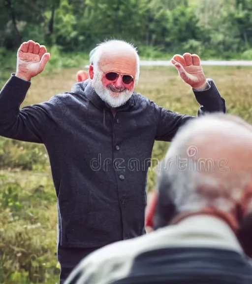 Image similar to silly portrait of hide the pain harold saluting, round face, earnest, stock photo, Nikon 50mm f/1.8G, greg rutkowski, ilya repin