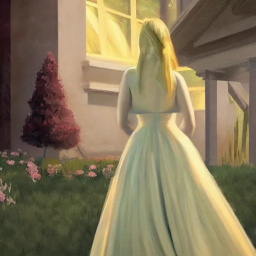 Prompt: Elle Fanning, head and shoulders masterpiece, in Halo 2, in a garden, artstation, in the style of Art Deco and Edward Hopper and Bosch, extremely detailed