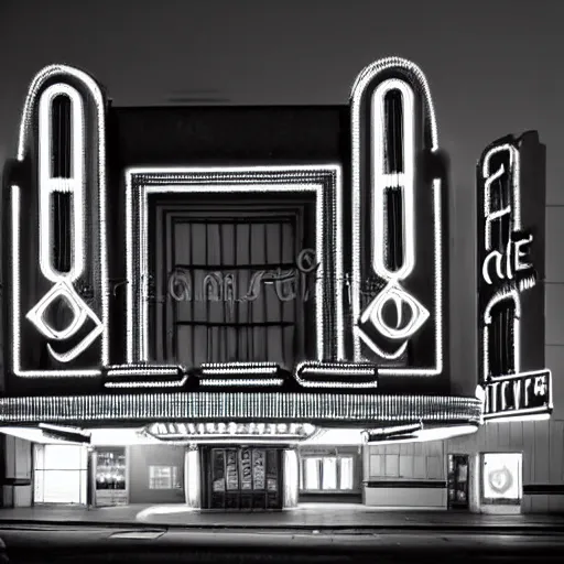 Image similar to art deco movie theater palace at night, dramatic light, evening, fritz lang's metropolis,