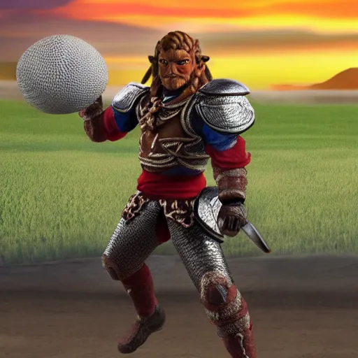 Image similar to photo of ganondorf in chainmail armor catching a baseball on flat plains with no vegetation during sunset, hd