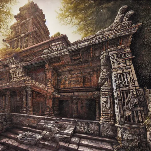 Prompt: realistic hyper detailed hardsurface modelled 3 d geometry,, tomb raider temple ruins, deep perspective, wide angle, insanely detailed and intricate,, eal, gold, silver red, sir james guthrie painting