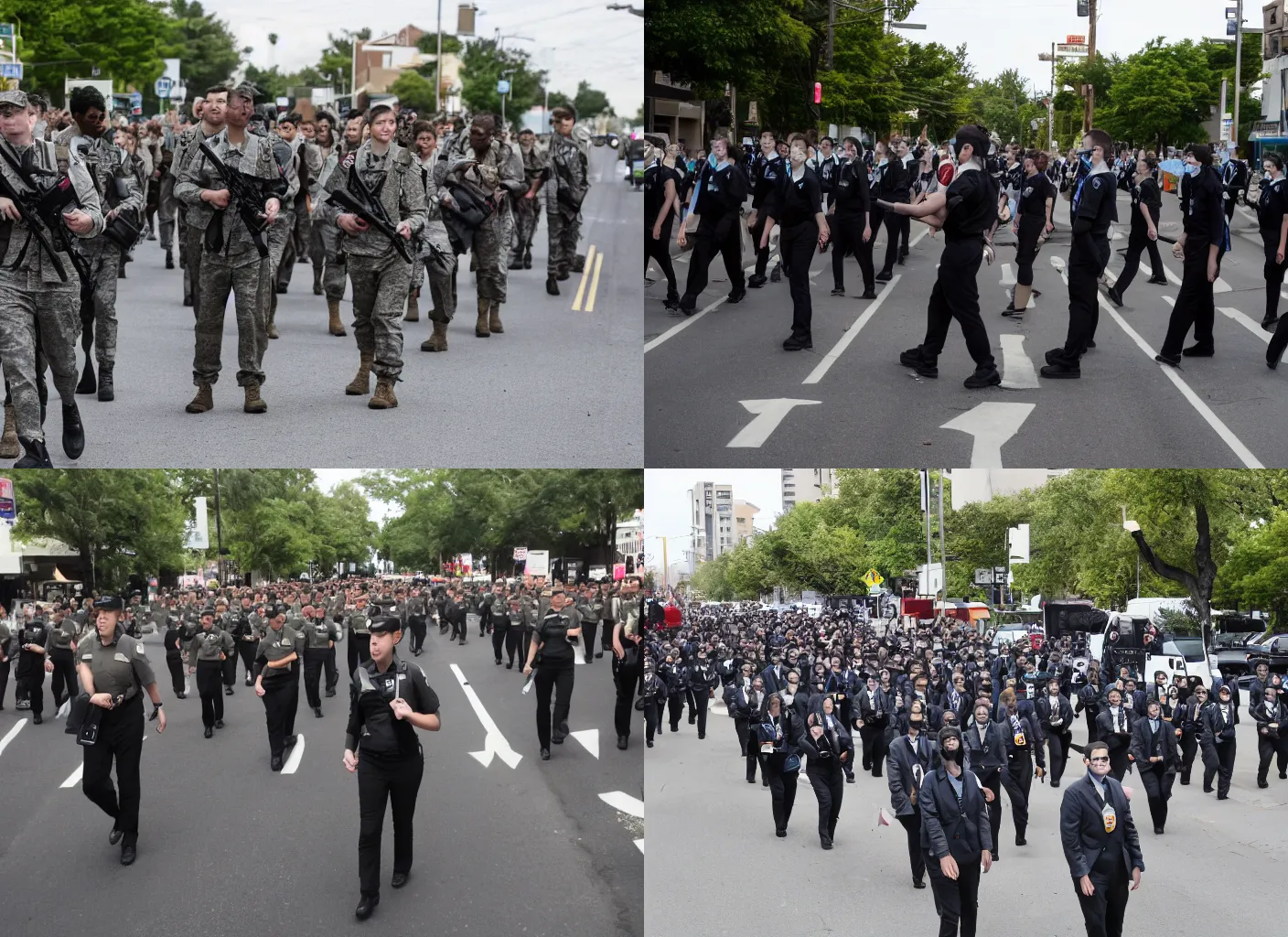 Prompt: any army of young and eager IRS agents shutting down a suburb street to begin investing financial crimes.