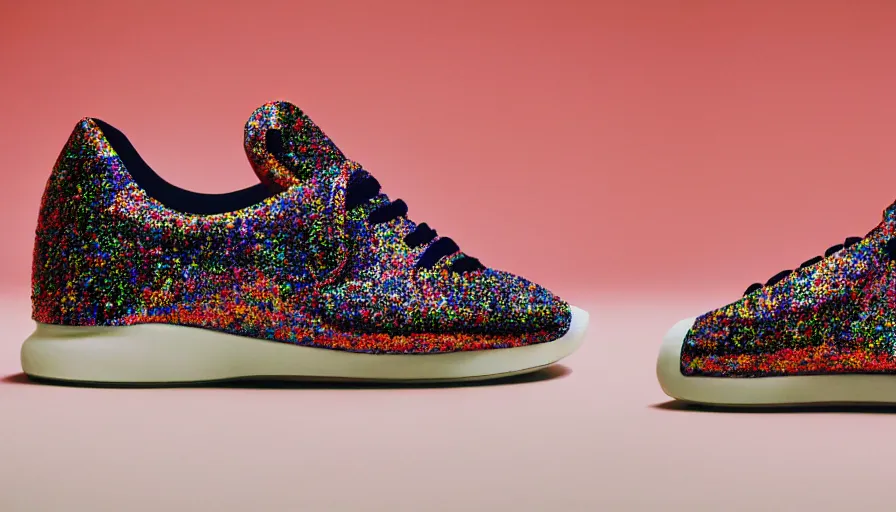 Prompt: 1 9 9 8 brazilian sneakers designed by arthur bispo do rosario, jules bastien - lepage, tarsila do amaral, frank weston and gustave baumann, mag, clothing photography, f - 9 1 / 1 2 5, brutalism, sharp focus, colorful refracted sparkles, star lines, soft light, 8 k