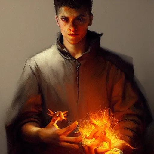 Prompt: a beautiful painting dramatic portrait of a young man holding a realistic charmander by greg rutkowski and rembrandt, featured on artstation