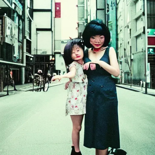 Prompt: photoshoot of friendly cyclops lookbook in Tokyo, color film photography, portrait of a beautiful family in style of Doisneau, 35mm, ektachrome