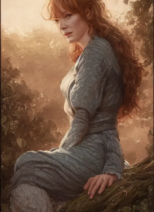 Image similar to tired Christina Hendricks taking a rest under a tree after an long adventure a ruggedly muscled handsome heroine, intricate, elegant, highly detailed, centered, digital painting, artstation, concept art, smooth, sharp focus, illustration, artgerm, donato giancola, Joseph Christian Leyendecker, WLOP, Artgerm, thunder storm