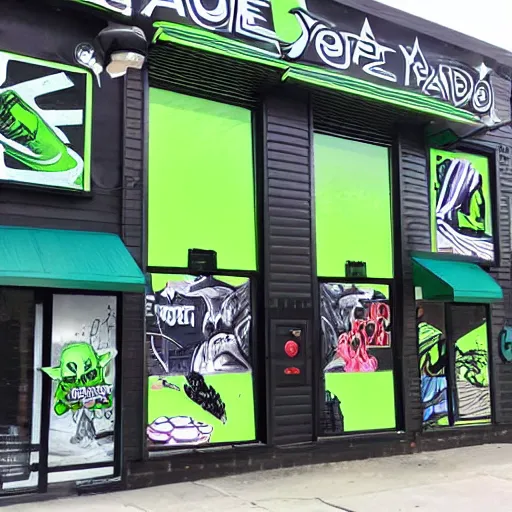 Image similar to yoda themed vape and bong shop exterior