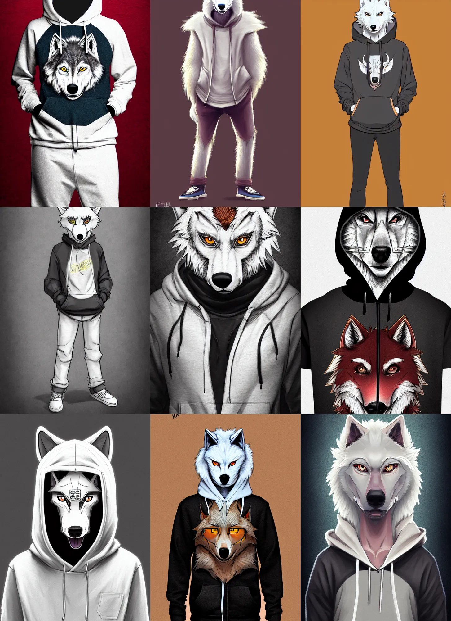 Prompt: anthropomorphic albino wolf fursona wearing casual stylish clothes hoodie at a hipster coffee shop, highly detailed, artgerm style, artstation, soft light, sharp focus, illustration, character design, concept art