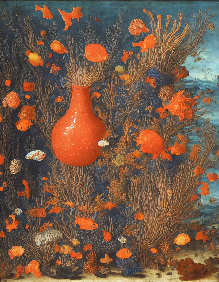 Prompt: bottle vase of coral under the sea decorated with a dense field of stylized scrolls that have opaque outlines enclosing mottled blue washes, with orange shells and purple fishes, ambrosius bosschaert the elder, oil on canvas