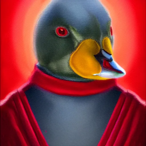 Prompt: portrait of cute mallard duck, wearing cultist red robe, doing witchcraft, expressive oil painting, digital art, octane render