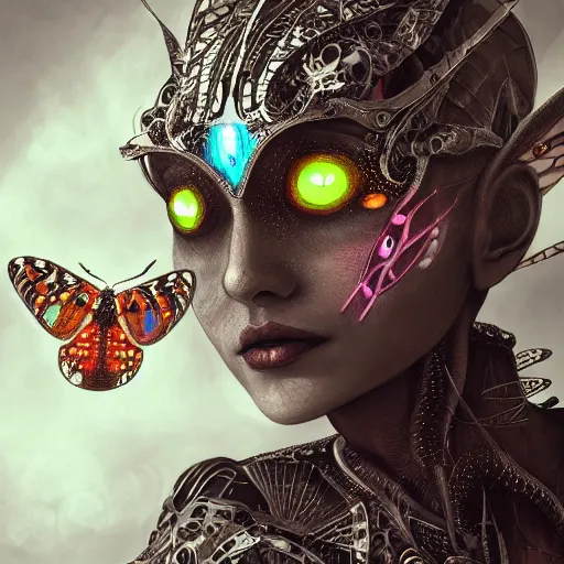 Image similar to realistic illustration of a beautiful mechanical faerie queen with glowing eyes, moth wings with geometric patterns, reflective detailed textures, highly detailed dark fantasy science fiction painting, silver and cool colors, artstation