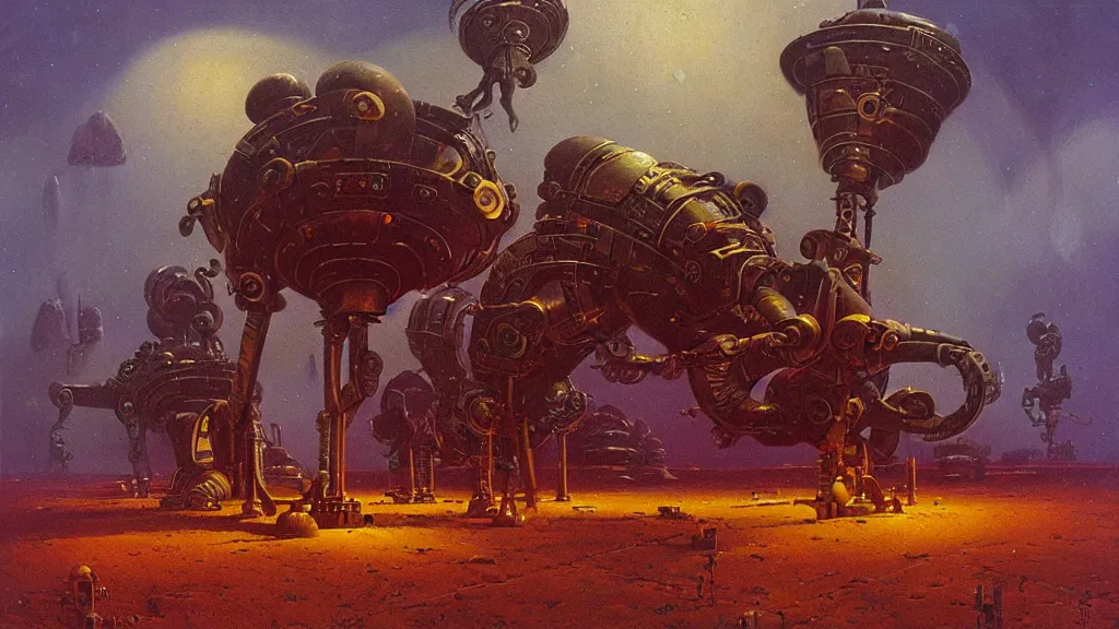 Image similar to mysterious whimsical sculpture of alien technology by paul lehr and john schoenherr and john harris, cinematic matte painting