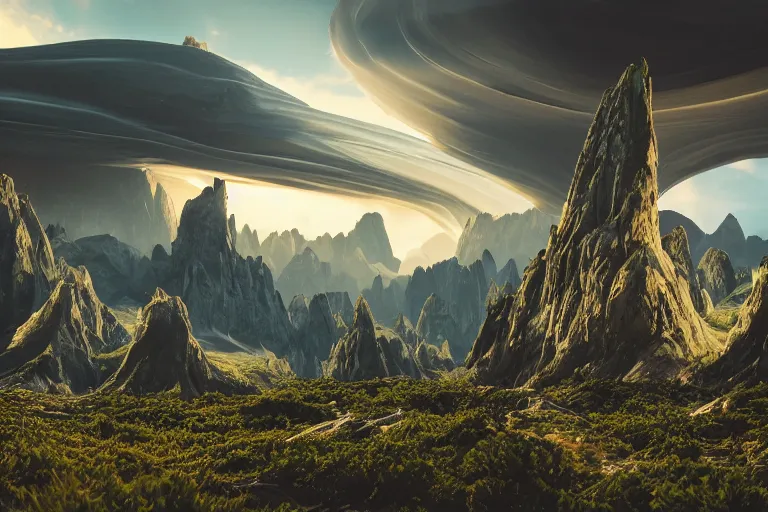 Image similar to an alien landscape featuring towering mountains, strange plants, and an otherworldly sky, 4 k photorealism