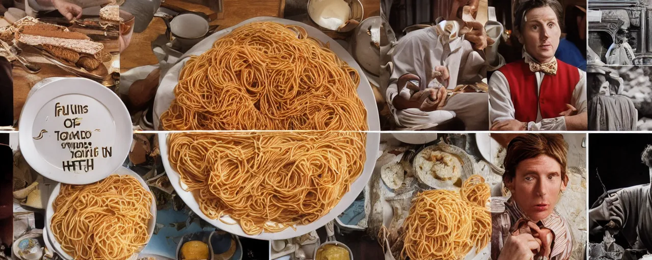 Image similar to famous moments in history that include spaghetti, small details, intricate, canon 5 0 mm, wes anderson film, kodachrome