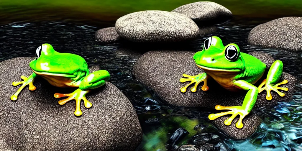 Prompt: A frog sitting on a glistening creek rock, flowing clear water creek bed, photorealistic 3D artwork.