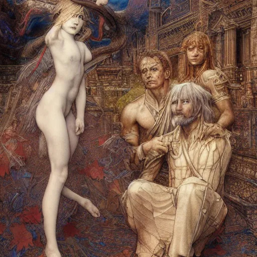 Image similar to disasterpiece truth disciples holy estrangement, by Edgar Maxence and Ross Tran and Michael Whelan and Da Vinci and W.T.M Turner, metal watercolor intricate line drawings, mistakes in the drawing 4k resolution