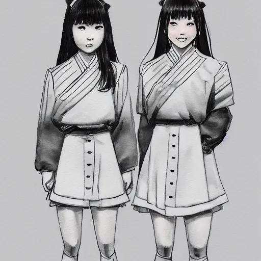 Image similar to a perfect, realistic professional digital sketch of two Japanese schoolgirls posing, in style of Marvel, full length, by pen and watercolor, by a professional American senior artist on ArtStation, a high-quality hollywood-style sketch, on high-quality paper