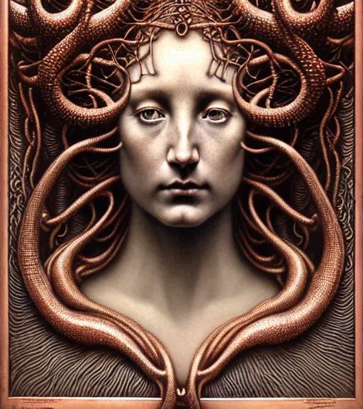 Image similar to detailed realistic beautiful copper goddess face portrait by jean delville, gustave dore, iris van herpen and marco mazzoni, art forms of nature by ernst haeckel, art nouveau, symbolist, visionary, gothic, neo - gothic, pre - raphaelite, fractal lace, intricate alien botanicals, biodiversity, surreality, hyperdetailed ultrasharp octane render