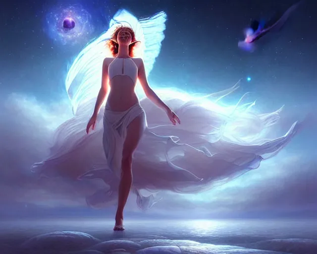 Prompt: a lone beautiful ethereal spirit floating running quicklly along the shimmering crystalline shores of eternity, universe and planets and stars in the sky, unusual surreal, gorgeous artwork by artgerm, rutkowski, wlop, detailed, dramatic lighting