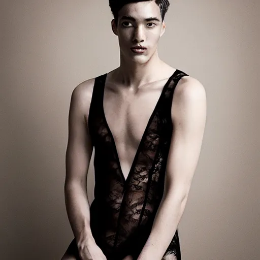 Image similar to a portrait of a beautiful young male wearing an alexander mcqueen bodysuit made of ombre lace , photographed by andrew thomas huang, artistic