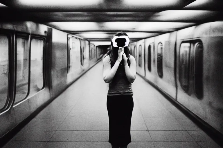 Image similar to girl wearing futuristic augmented reality headset in a subway, richard avedon, tri - x pan, ominous lighting