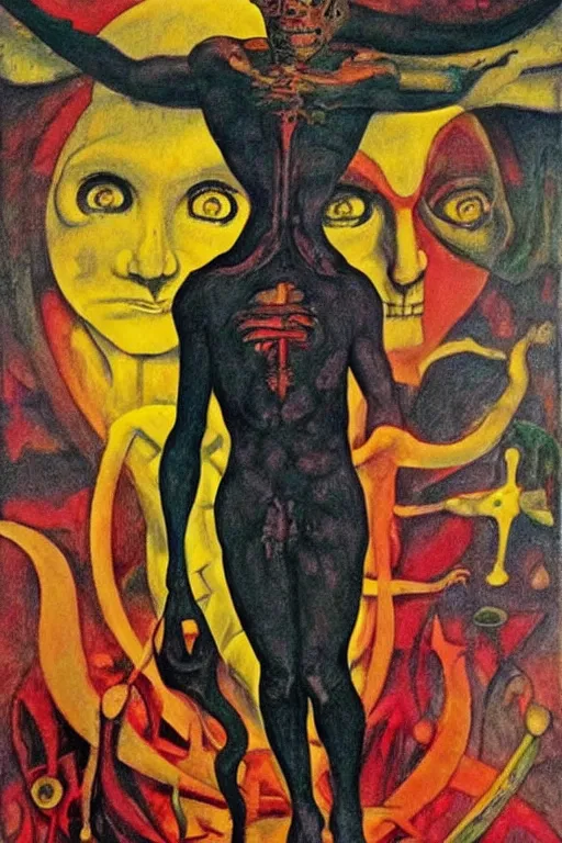 Prompt: surreal a lithe brian molko as slaanesh the prince of pleasure in a post apocalyptic hellscape, esoteric symbolism, intense emotional power, red yellow black, palette knife oil painting by peter booth, josh kirby and william blake