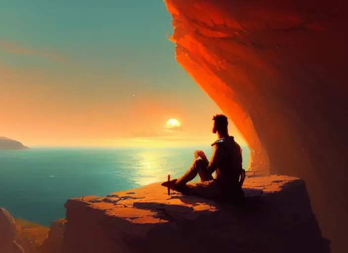 Image similar to a man sitting cross legged on a cliff watching the sunset, painting, beautiful, digital art, harsh lighting, trending on art station, art by greg rutkowski and andreas rocha, 8 j