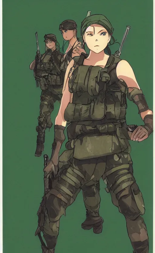 Prompt: girl, trading card front, soldier clothing, combat gear, matte, illustration, by ufotable studio, green screen