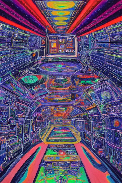 Image similar to a painting of the interior of an international space station filled with electronic equipment, an ultrafine detailed painting by alex grey, behance contest winner, psychedelic art, psychedelic, outlined art, poster art