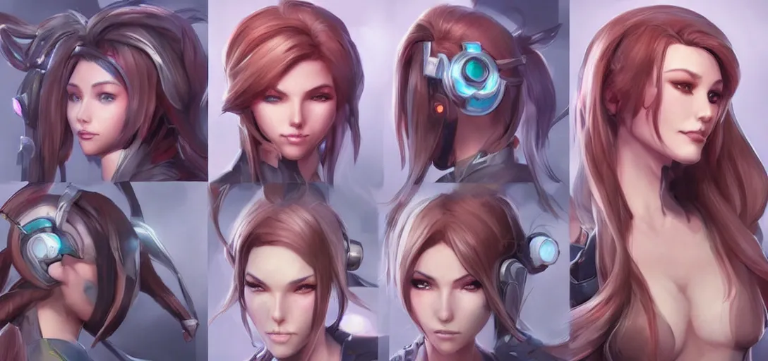 Image similar to concept art of female video game characters head designs, unique hairstyles, overwatch by marc brunet and artgerm