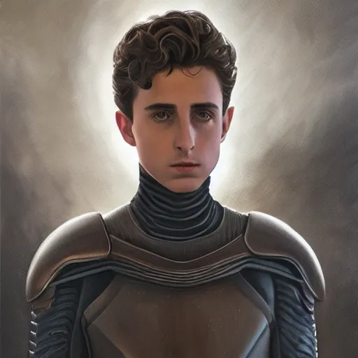 Prompt: realistic paul atreides emperor of the known universe, perfect dramatic and dark portrait by rabbitary b, trending on artstation, deviantart, dune, low angle oil painting and composition laws, dark foggy background, timothee chalamet, denis villeneuve cinematography