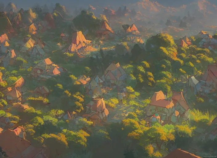 Image similar to concept art painting of a small woodland village in a valley seen from above, european japanese buildings, early morning, cel shaded, detailed, realistic, by makoto shinkai and moebius and anton fadeev and james gurney