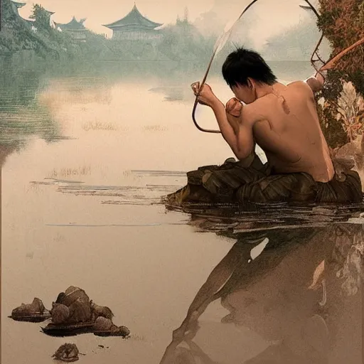 Prompt: chinese man bathing in a river, highly detailed, digital painting, artstation, concept art, smooth, sharp focus, illustration, artstation, art by artgerm, greg rutkowski, alphonse mucha, ilya repin and charlie bowater - 4