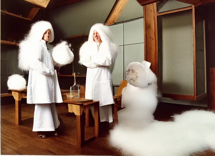 Prompt: realistic photo of a two medieval female scientists wearing white cotton jackets, watching at a levitating fluffy furry cloud, living room laboratory interior is made of wood 1 9 9 0, life magazine reportage photo, natural colors