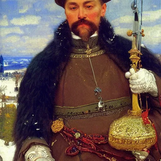 Image similar to portrait of medieval russian tsar in Cap of Monomakh sitting and holding iphone smartphone cellular masterpiece painting by vasnetsov and surikov serov, JEAN-VICTOR BERTIN, by Terence Cuneo, detailed, artfully traced, 4k resolution, cinematic, dramatic