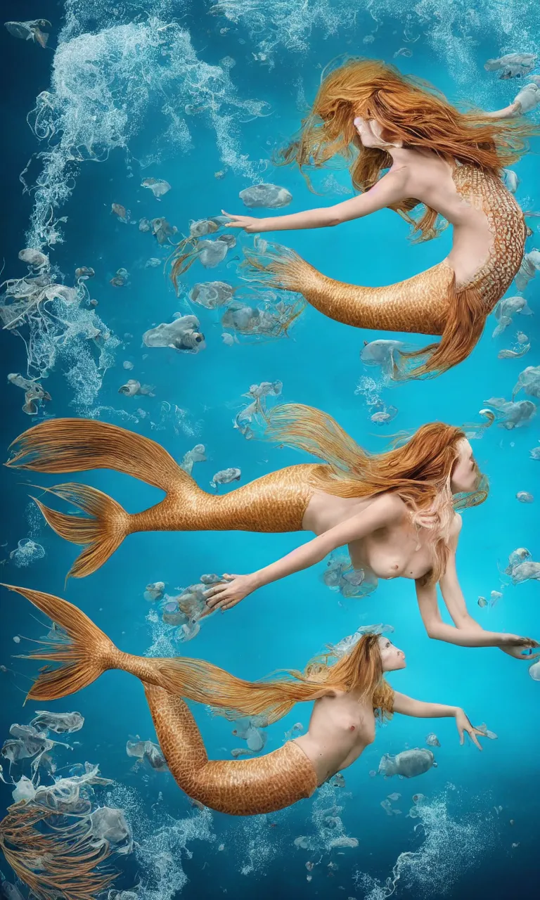 Image similar to surrealistic mermaid, half fish half woman , woman with fish head, diving in the air rounded by jelly clouds made by national geographic underwater photographer 4k, 8k,