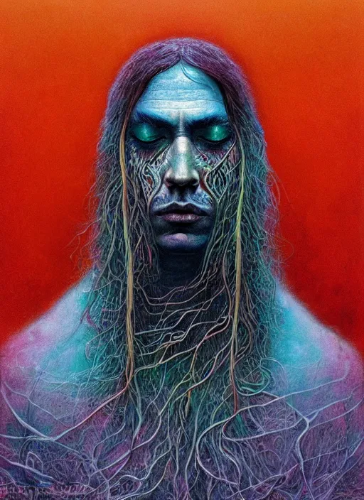 Image similar to psychedelic shaman, portrait, digital painting, highly detailed, intricate, trending on artstation, by zdzisław beksiński