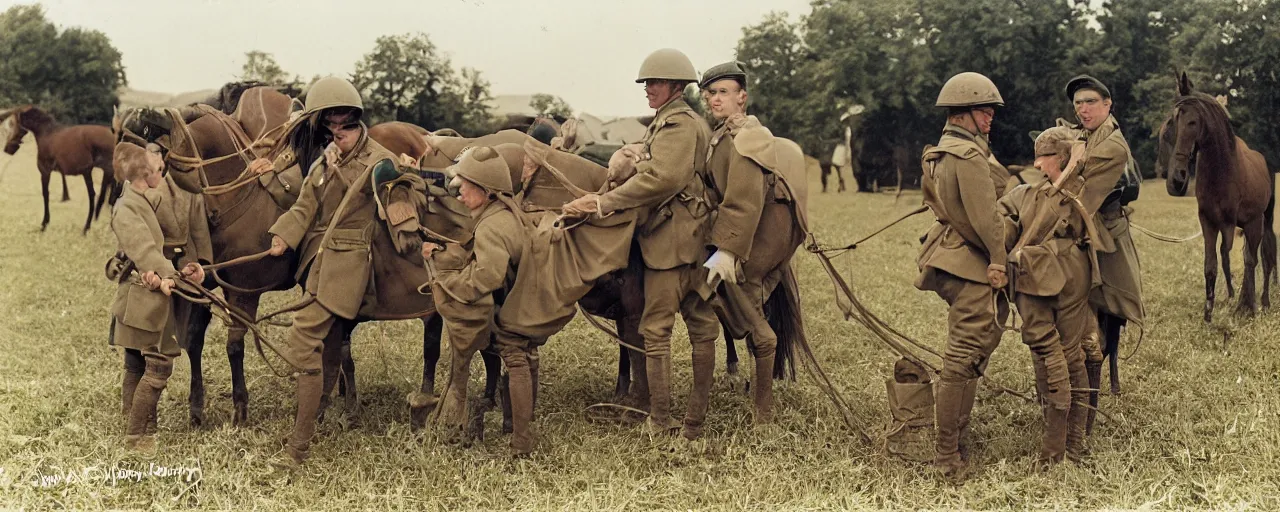 Prompt: soldiers feeding horses spaghetti meal, world war 1, canon 5 0 mm, kodachrome, in the style of wes anderson, retro