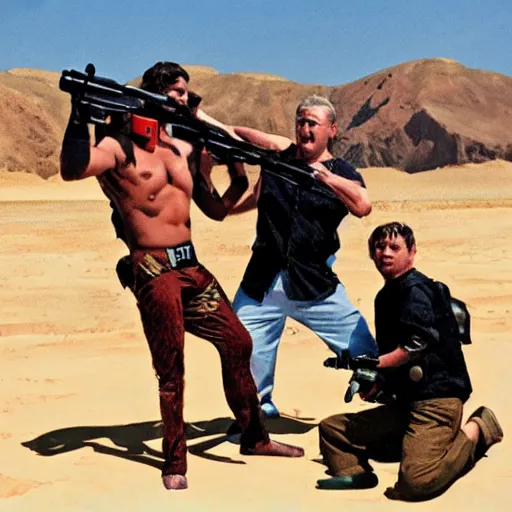 Image similar to george soros wrestling posing with an ak 4 7 in the desert anime stlye