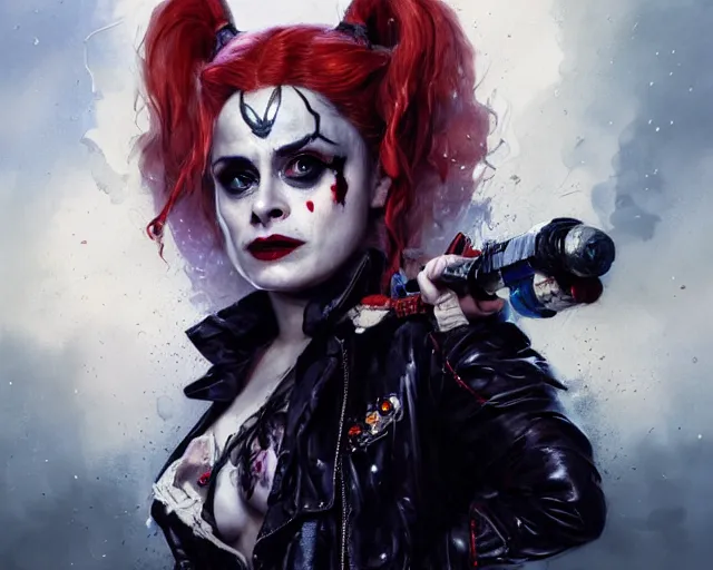 Image similar to highly detailed portrait of helena bonham carter as harley quinn, in batman : arkham knight, stephen bliss, unreal engine, fantasy art by greg rutkowski, loish, rhads, ferdinand knab, makoto shinkai and lois van baarle, ilya kuvshinov, rossdraws, tom bagshaw, global illumination, radiant light, detailed and intricate environment