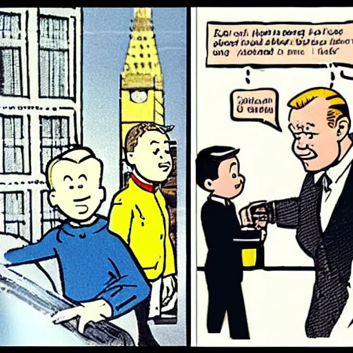 Image similar to tintin meeting the prime minister of Iceland, french comic book, belgian comic book