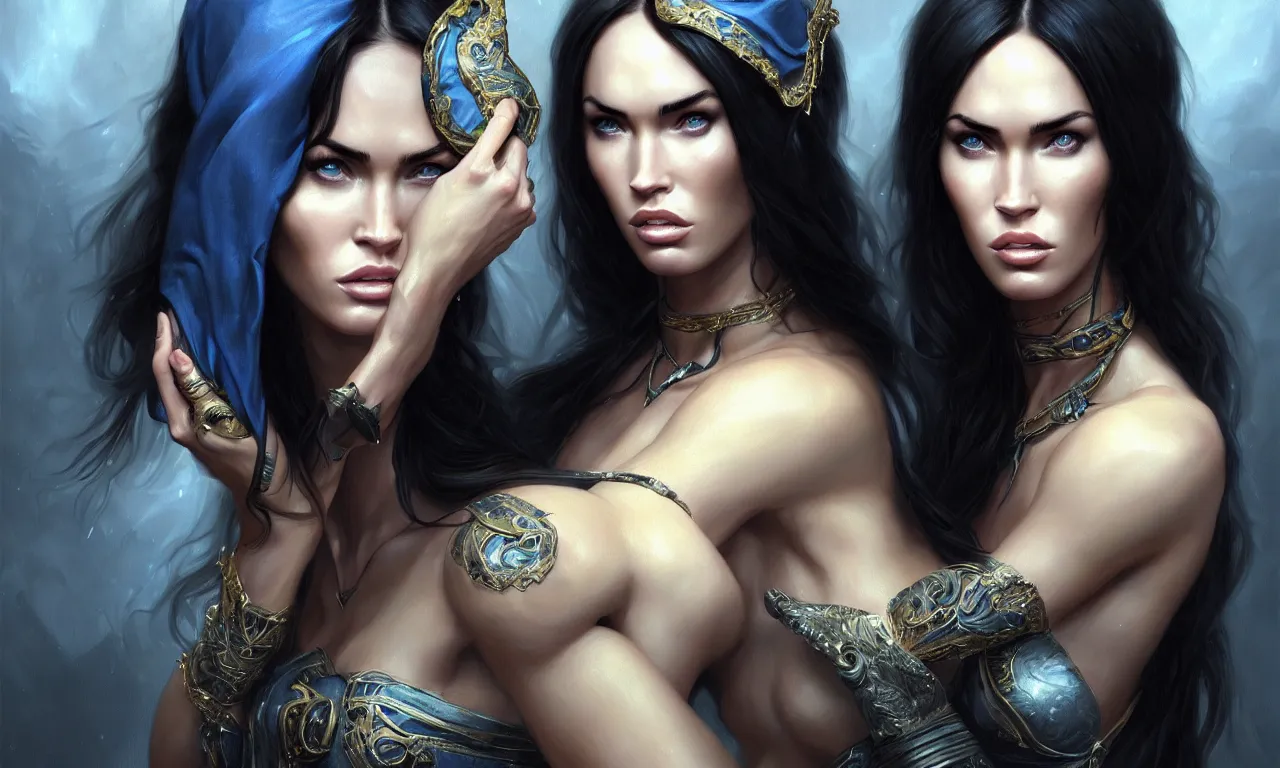 Image similar to ! dream portrait of megan fox blindfolded, muscular upper body, collar, greek, jewelry, blue dress, fantasy, intricate, elegant, highly detailed, digital painting, artstation, concept art, matte, sharp focus, illustration, art by aenaluck and roberto ferri and greg rutkowski, epic fantasy, digital painting