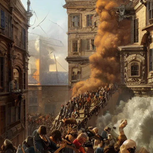 Prompt: a highly detailed oil painting of a giant dachshund smashing houses, renaissance, bystanders watching from the sides, 4 k, by greg rutkowski, artstation,