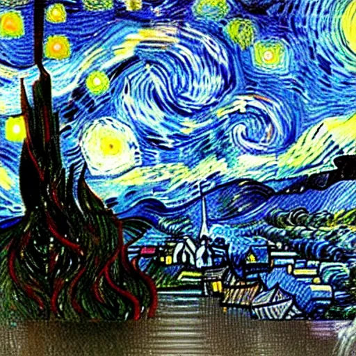 Image similar to knight's battle, style vincent van gogh's starry night