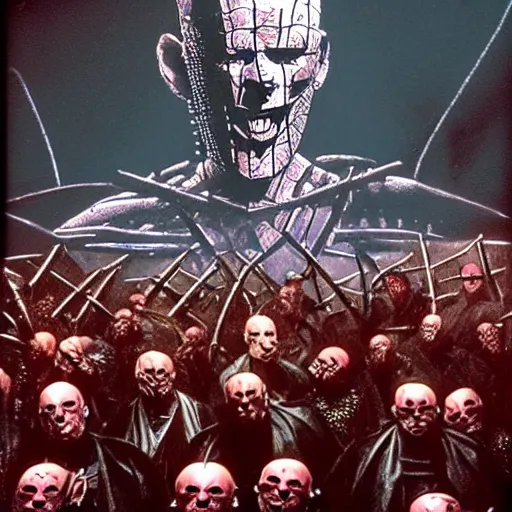 Prompt: Hellraiser cenobites in a metal band playing in front of a large crowd of nerds,