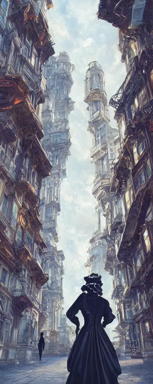 Prompt: portrait of a victorian lady in a futuristic city, from behind, streets, beautiful, fully open sky, side buildings, highly detailed, digital painting