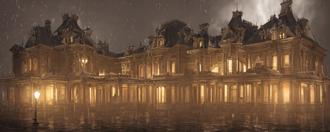 Prompt: victorian architecture, wood, marble, steam, rain, night, dramatic lighting, lightning bolt, trending on Artstation, 8k, highly realistic, hyper detailed, unreal engine 5, IMAX quality, realistic, cinematic, epic lighting, realistic, in the style of Zaha Hadid